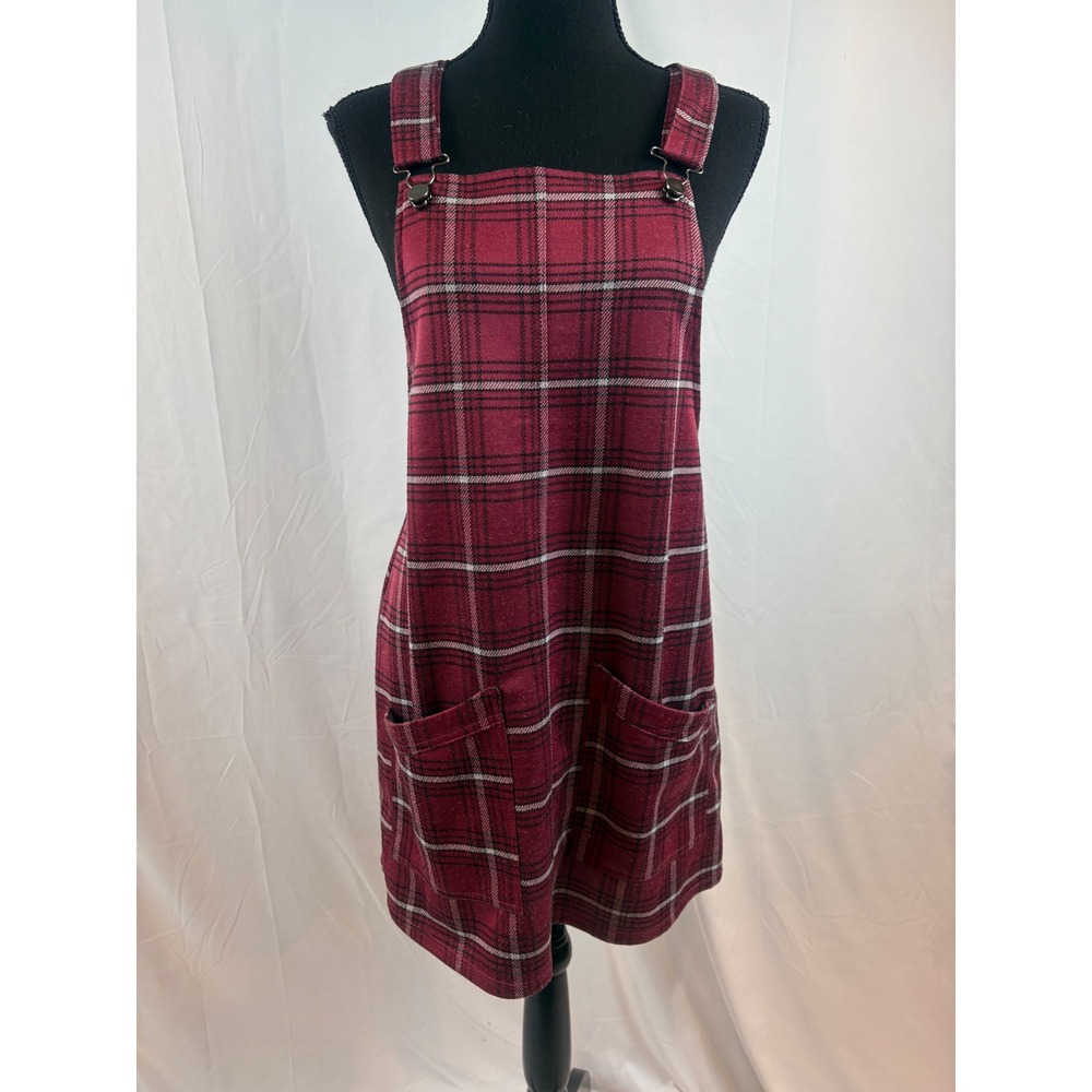 Plaid Overall Dress‎ Tunic Mini Burgundy White Black Buckle Strap Pockets